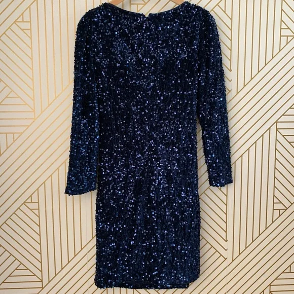 Nanette Lepore Sequin velvet ruched scoop boatnecklong sleeve Dress navy 10